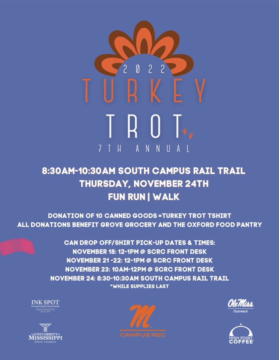 Who’s ready for Thanksgiving? 

Help our community in Oxford and on campus enjoy the tradition by donating to the annual Turkey Trot food can drive and/or participating in the fun run!