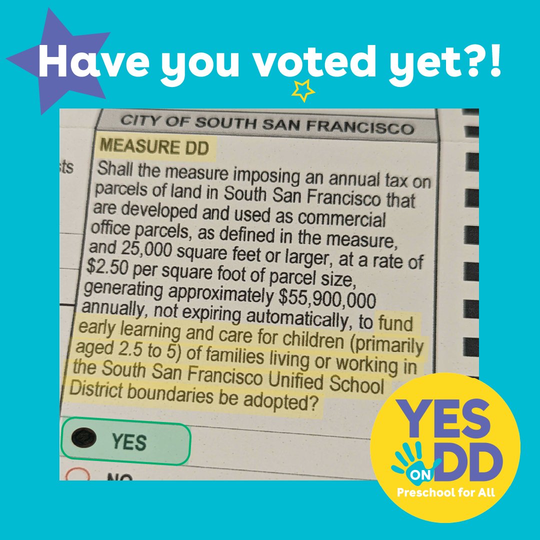 ece4allssf's tweet photo. A friendly reminder that Election Day is TODAY, November 8th. It’s your last chance to vote YES on Measure DD in South San Francisco for #PreschoolforAll! https://t.co/9Rwa13ScV1