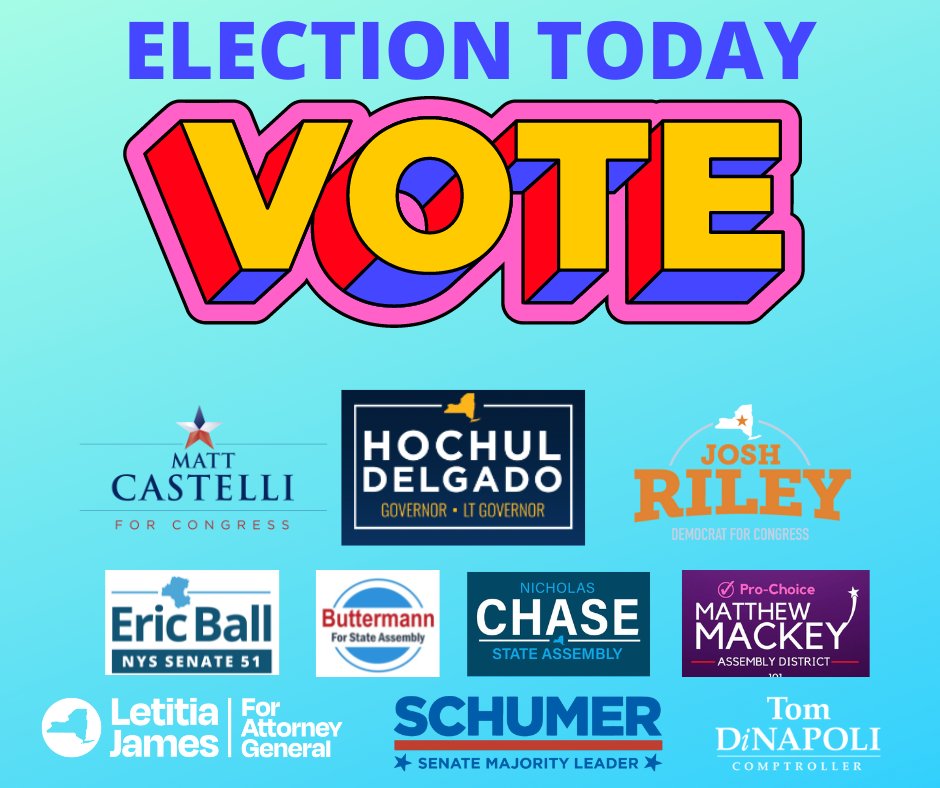 Today is the day!  Polls are open until 9PM. Get out there and vote! @CastelliMatt @KathyHochul @DelgadoforNY @JoshuaUE99 @ericball_nysd51 @CarbieThe @TishJames @SenSchumer @TomDiNapoli