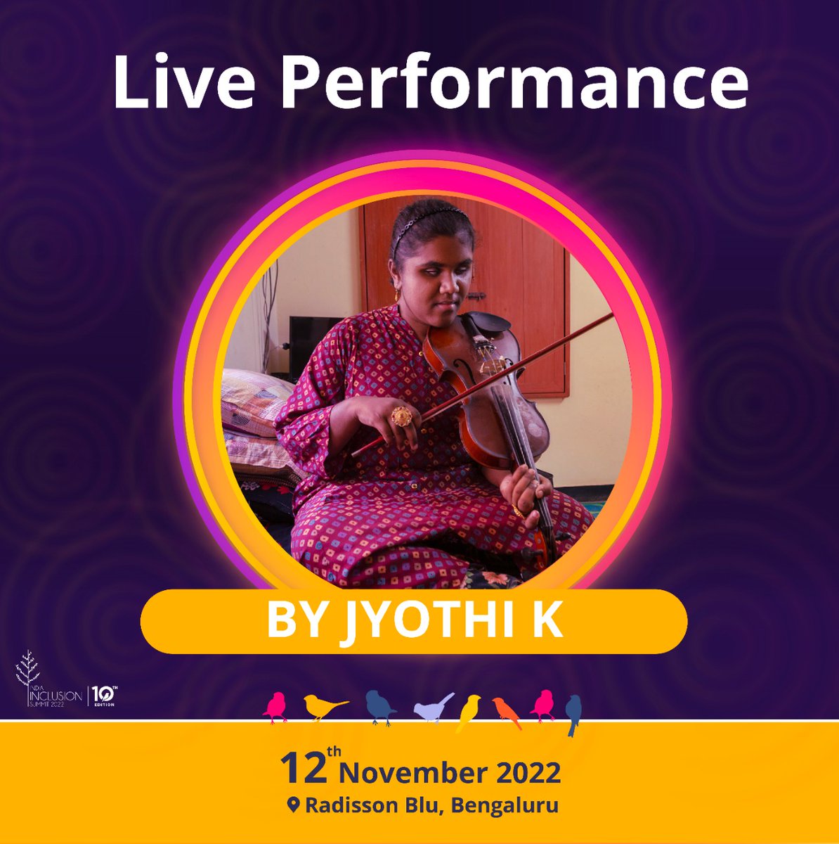 IndiaInclusion's tweet photo. Join us for a live performance by an unsung hero Jyothi K, a person with blindness and Autism Spectrum Disorder at IIS 2022
#iis #iis10years #inclusiveindia
#TheGreatInclusionFestival #lis2022 #everyoneisgoodatsomething https://t.co/Y4BwS18JS8
