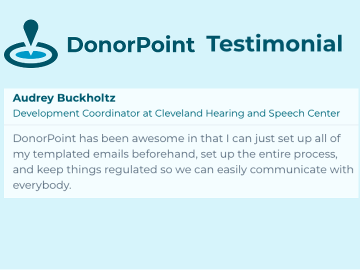 DonorPoint's tweet photo. We love it when our clients are happy with the job we've done making their mission easier to execute.
Thank you @clevehearspeech!
#Testimonial #AnotherSatisfiedClient https://t.co/3GE3BKlxb2