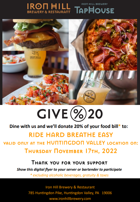 Ride4Lungs's tweet photo. Who likes a good burger from @IronHillBrewery?
Join us on Thursday, November 17 at Iron Hill in Huntingdon Valley and bring this flyer. Eat some yummy food and raise money for @Ride4Lungs!
#EatForGood #LCAM #RHBE https://t.co/qlntkVfvTo