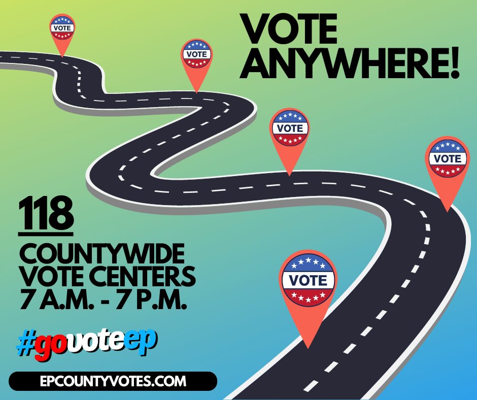 #GoVoteEP
Election Day is today, are you #VoteReady? You can vote at ANY Countywide Vote Center.
✅Where do I vote? epcountyvotes.com/quick_links/wh…
✅What's on my sample ballot? sites.omniballot.us/48141/app/home