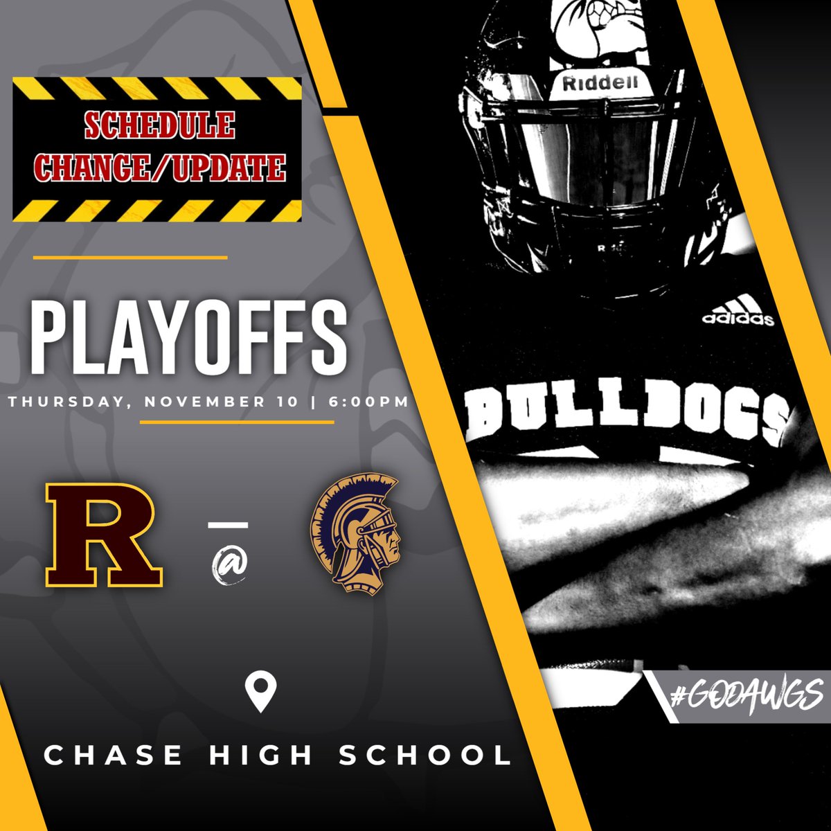 DATE AND TIME CHANGE! The 2nd round playoff game has been moved to Thursday 11/10 @ 6:00PM.