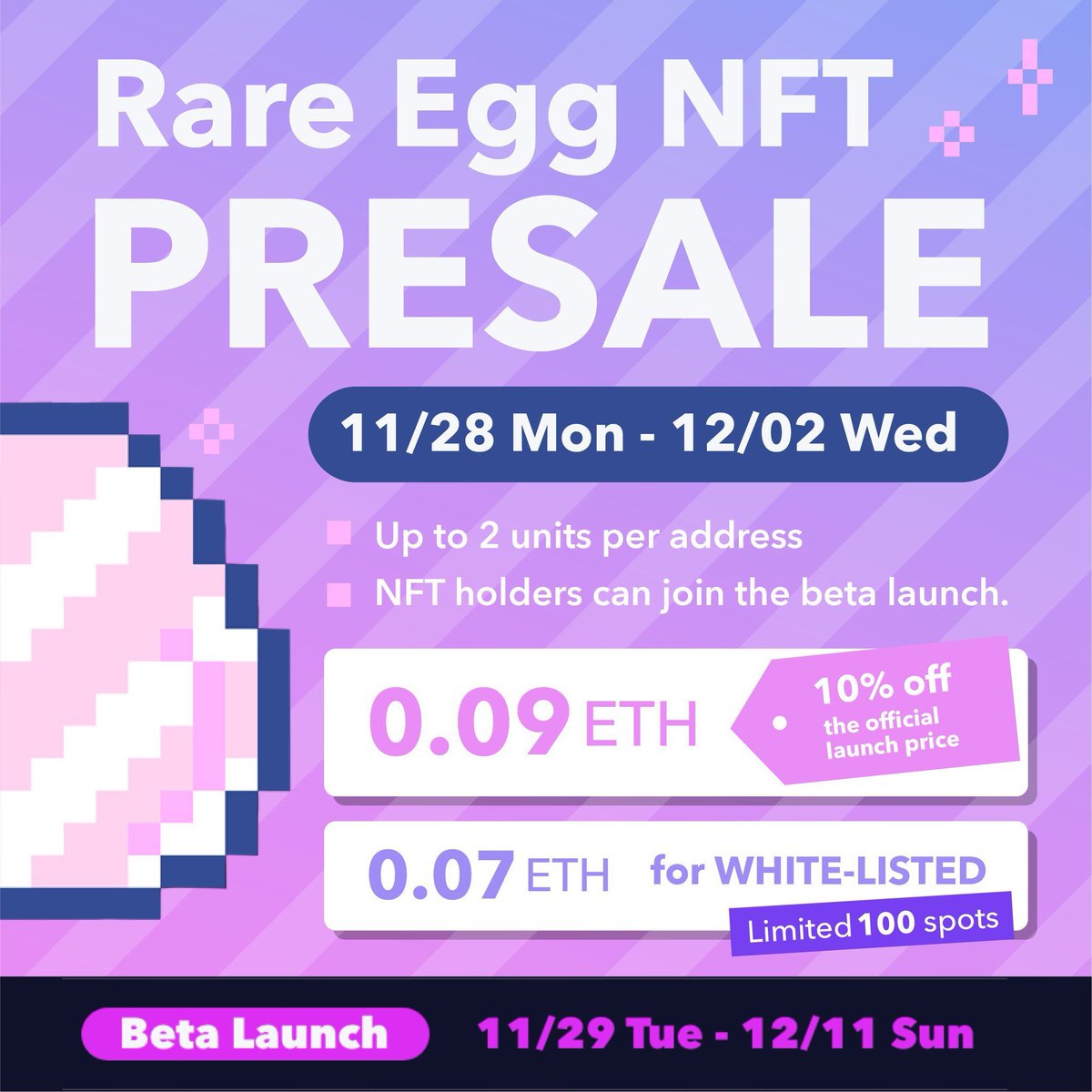 NFT WL Giveaway #TwitFi 

WL Giveaway Rare Egg NFT x 5🐦

Win a WL to buy Rare Egg NFT for 0.07 ETH at the presale, which will sell for 0.1 ETH at launch!

To enter:
1⃣ Follow <a href="/TwitFi_official/">TwitFi | Tweet to Earn TwitFi Official Account</a>
2⃣ RT &amp; Like❤️
⏰In 72 hours

Win a WL for Rare Egg NFT at a SPECIAL PRICE!🏆