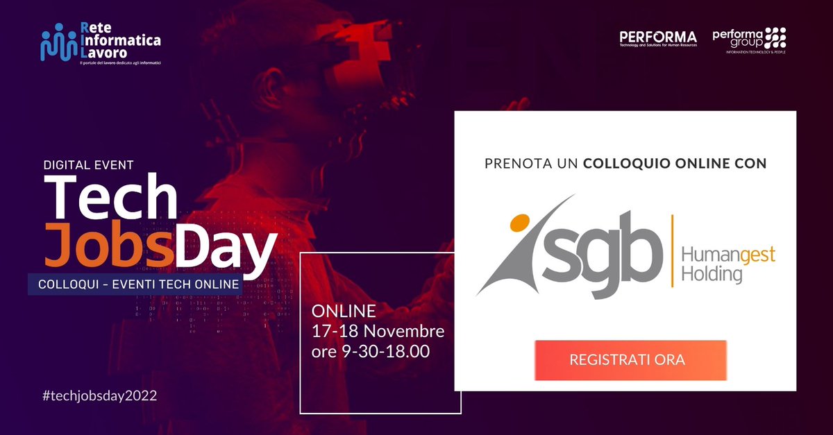 Reteinformatica's tweet image. Al #techjobsday2022 incontra il team HR di  @GRUPPO_SGB. Azienda che si occupa di recruitment nel settore #ICT  ✅ Scopri le posizioni aperte.✅
Registrati ora: bit.ly/31uOl5P

#InformationTechnology #tech #Jobs