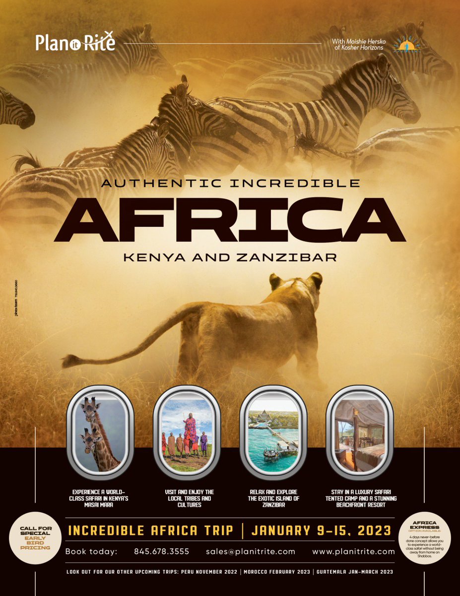🦓 Authentic Incredible Africa trip!

✈️ Hurry up, places are limited! 

📧 Contact Plan It Rite via WhatsApp +1
845-678-3555 or email Sales@planitrite.com to receive more information and book your getaway today!