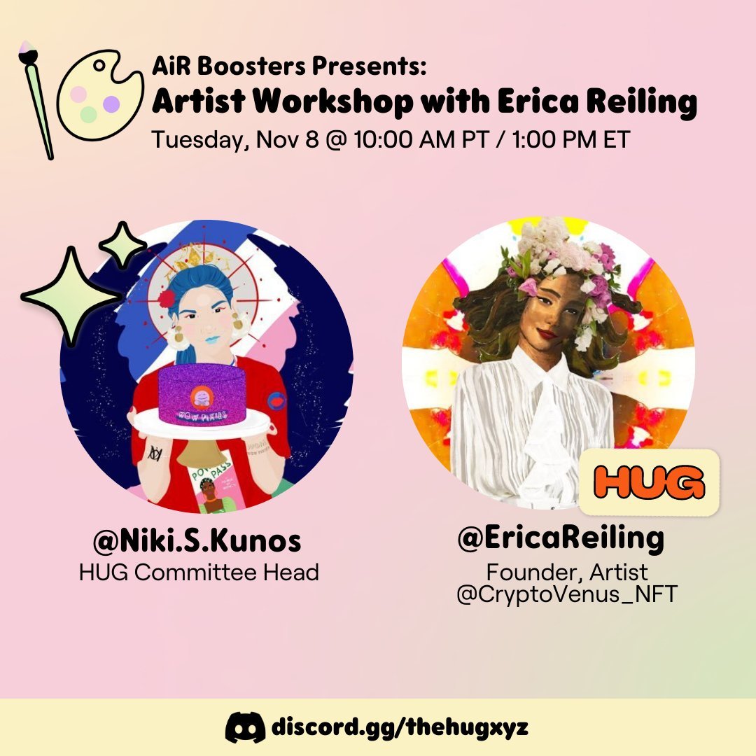 HUG π€ | Get Your Free .ART Domain (@thehugxyz) on Twitter photo π¨Starting in one hour!
Your creative side deserves a renaissance. Dip into our Discord for a Boost & Brush with founder & artist, <a href="/EricaReiling/">ERICA REILING</a> of <a href="/CryptoVenus_NFT/">CryptoVenus π 2.22.22</a>
Brought to you by host and HUG committee head, <a href="/niki_s_kunos/">Niki S.K.π€ π°</a>.
βdiscord.gg/thehugxyz π¨Starting in one hour!
Your creative side deserves a renaissance. Dip into our Discord for a Boost & Brush with founder & artist, <a href="/EricaReiling/">ERICA REILING</a> of <a href="/CryptoVenus_NFT/">CryptoVenus π 2.22.22</a>
Brought to you by host and HUG committee head, <a href="/niki_s_kunos/">Niki S.K.π€ π°</a>.
βdiscord.gg/thehugxyz