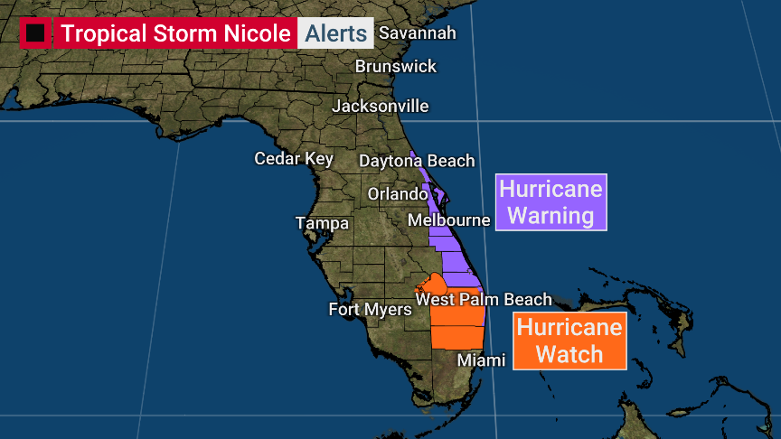weatherchannel's tweet photo. BREAKING: Hurricane warnings have now been issued for portions of Florida's East Coast. 

Tropical Storm #Nicole will continue to strengthen today, so get prepared and don't be caught off guard! https://t.co/tmREexarcu
