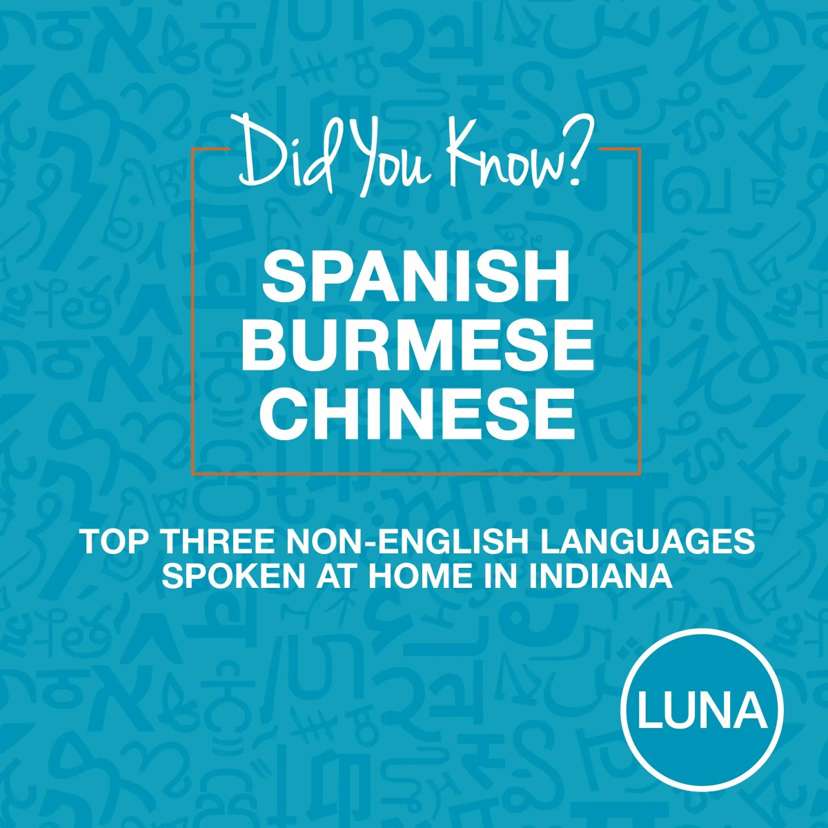 Today’s #TuesdayTopic features Indiana’s top three non-English languages spoken at home. LUNA is proud to work with partners and clients to provide language access to all Indiana residents.
