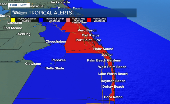 Hurricane WARNING up for Indian River, St. Lucie and Martin Counties as well as Coastal Palm Beach County.  
Everyone else in our viewing area under a Tropical Storm WARNING.