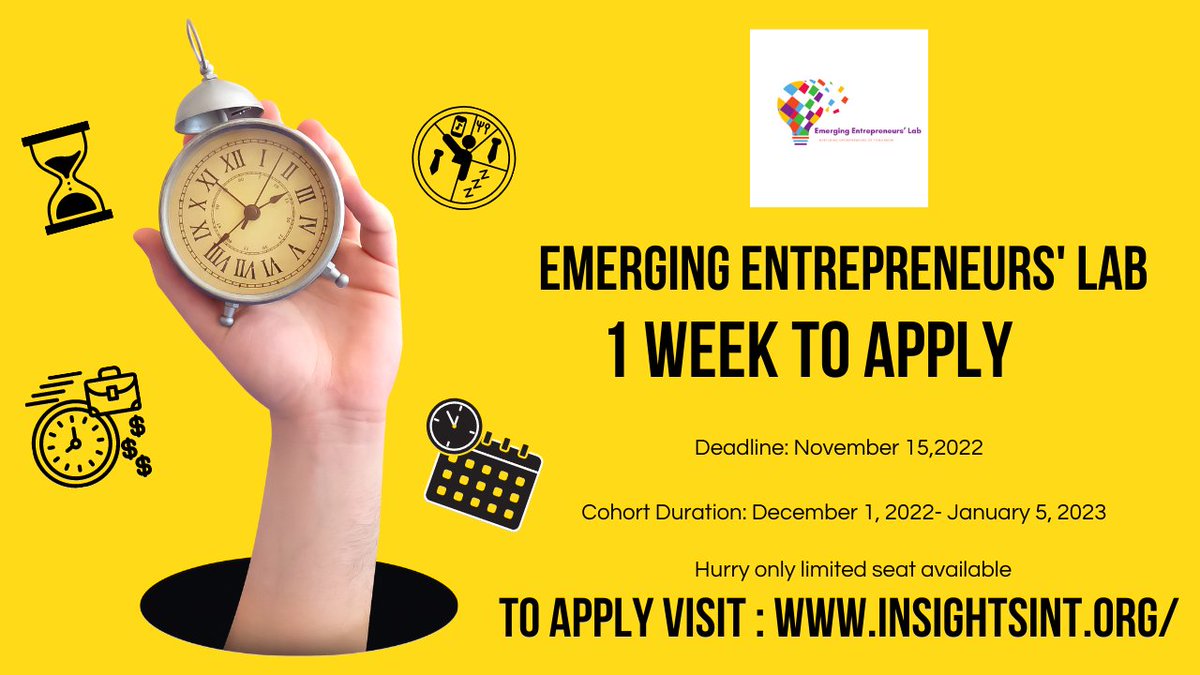 We invite you to join the movement. Hurry! 1 Week to go, Apply now Deadline: November 15, 2022 Applications open on insightsint.org Duration: December 1, 2022 to January 7, 2023 #onlinecourse #entrepreneurs #investment #EEL #deadline #apply #Leadership #skilldevelopment