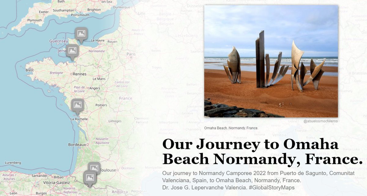 DrLepervanche's tweet image. We are using several platforms to produce our #GlobalStoryMaps. Our journey to Normandy Camporee 2022 Spain, to Omaha Beach, Normandy, France is being built using #StoryMapJS from Northwestern University Knight Lab. #OpenStreetMaps. 
uploads.knightlab.com/storymapjs/c90…