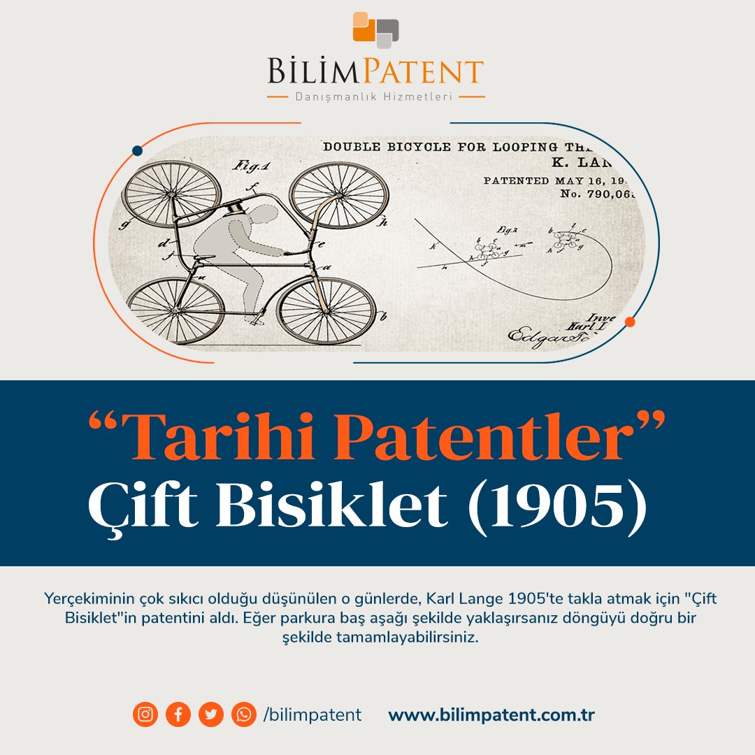 Çift Bisiklet (1905) 
Yerçekiminin çok sıkıcı olduğu düşünülen o günlerde, Karl Lange 1905'te takla atmak için "Çift Bisiklet"in patentini aldı. Eğer parkura baş aşağı şekilde yaklaşırsanız döngüyü doğru bir şekilde tamamlayabilirsiniz. 

bilimpatent.com.tr

#tarihipatentler