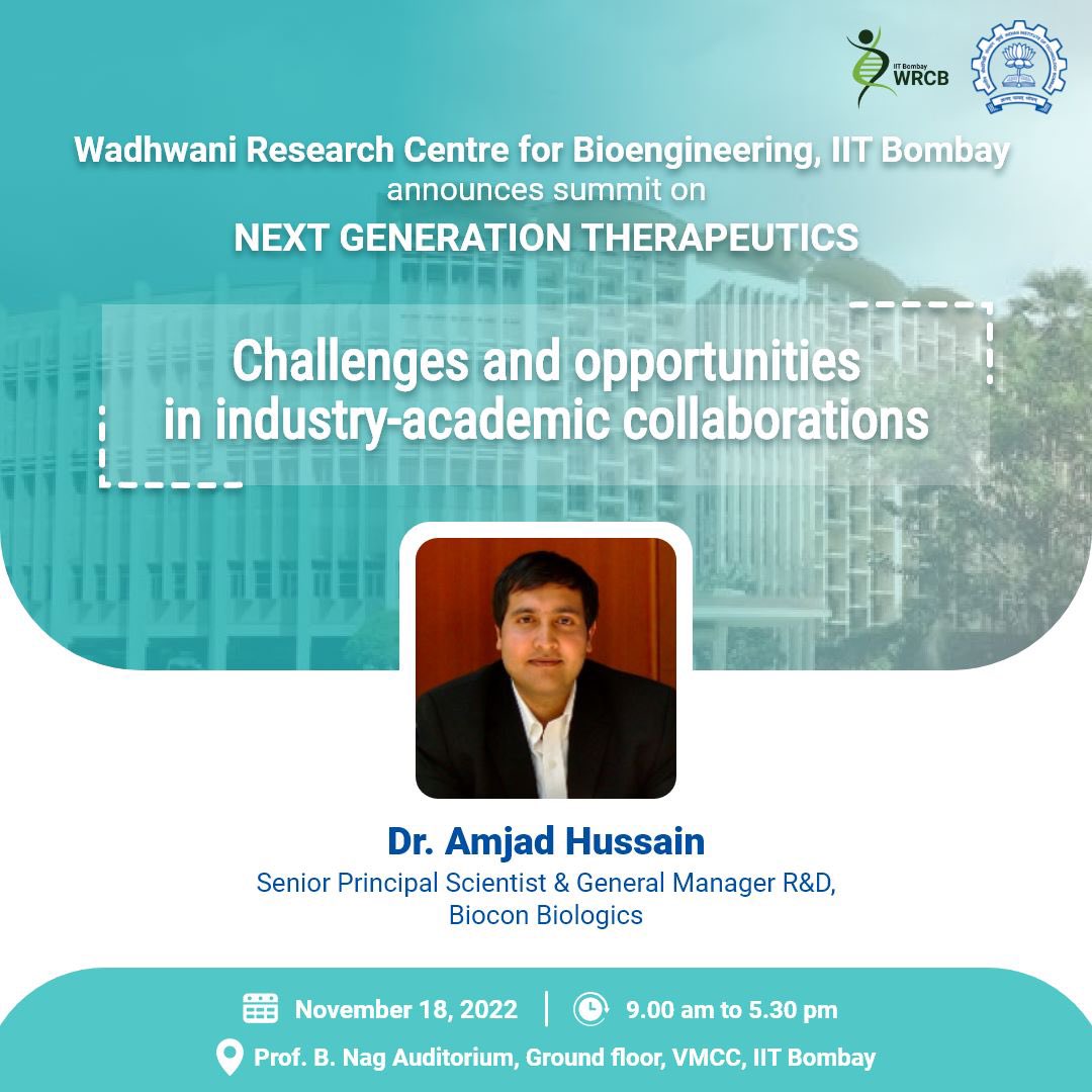 Abhijit Majumder (@abhijit_mlab) on Twitter photo Dr.<a href="/husainamjad/">Dr. Amjad Husain</a> GM RnD of <a href="/Bioconlimited/">Biocon</a> will talk on “Industry Academia Collaboration” in #drugdiscovery in our upcoming symposium on #drugdiscovery #drugDelivery and #regenerativemedicine org by <a href="/pic_wrcb/">Wadhwani Research Centre for Bioengineering, IITB</a> <a href="/iitbombay/">IIT Bombay</a> sponsored by <a href="/himedialab/">HiMedia </a> and <a href="/MPBiomedicals/">MP Biomedicals</a> Register now. Dr.<a href="/husainamjad/">Dr. Amjad Husain</a> GM RnD of <a href="/Bioconlimited/">Biocon</a> will talk on “Industry Academia Collaboration” in #drugdiscovery in our upcoming symposium on #drugdiscovery #drugDelivery and #regenerativemedicine org by <a href="/pic_wrcb/">Wadhwani Research Centre for Bioengineering, IITB</a> <a href="/iitbombay/">IIT Bombay</a> sponsored by <a href="/himedialab/">HiMedia </a> and <a href="/MPBiomedicals/">MP Biomedicals</a> Register now.
