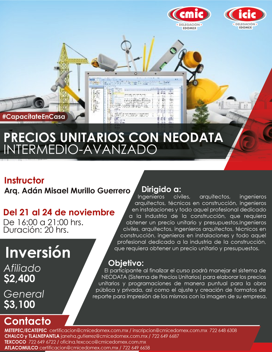 CMIC_Edomex's tweet photo. 👉 Amigo constructor, si quieres invertir menos tiempo en la elaboración de presupuestos de obra pública y particulares con el uso de Neodata: ¡Inscríbete a este curso!
👷♀️ #AfiliadoCMIC aprovecha estas herramientas y haz más eficientes tus cálculos.
#CapacitateEnCasa 💻🏡 https://t.co/syX7cuqgxx