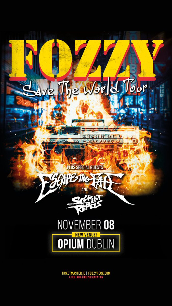 𝐅𝐨𝐳𝐳𝐲’𝐬 Save The World tour comes to Ireland TONIGHT. The band’s biggest tour ever is not one to miss 🔥 Doors - 18:30 Scarlet Rebels - 19:20 Escape The Fate - 20:15 Fozzy - 21:30 Last minute tickets: ticketmaster.ie/fozzy-with-sup…