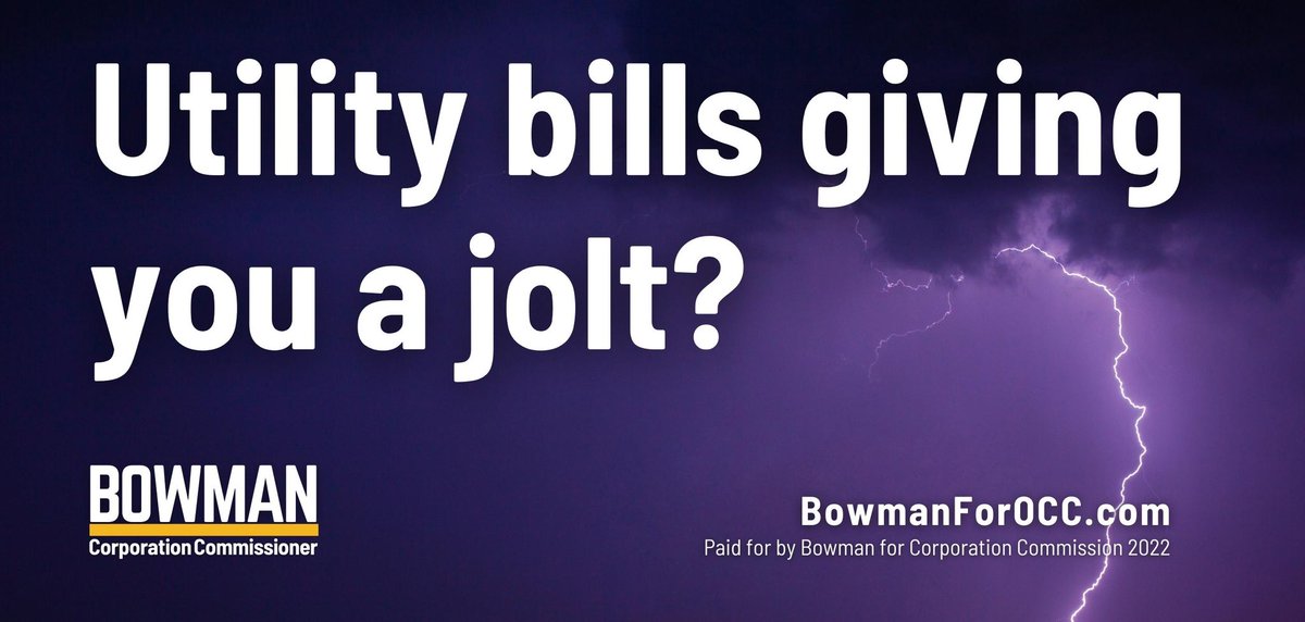 Oklahoma people—are you stressed about your utility bills? Then you absolutely must vote for <a href="/Bowmanforocc/">Bowman for Corporation Commission</a>! 

She is the only corporation commission candidate with the legal and technical understanding to bring our rates! 

She literally teaches energy law at TU Law!
