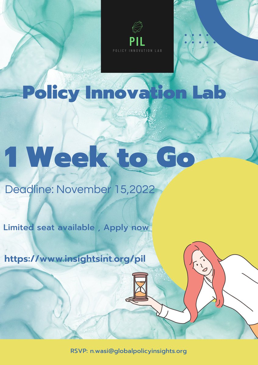 Policy Innovation Lab. 1 week to go, Apply now Deadline: November 15, 2022 Applications open on insightsint.org RSVP: info@globalpolicyinsights.org #policy #onlinecourse #innovation #study #policymaking #insights #learning #pil #deadline #economy
