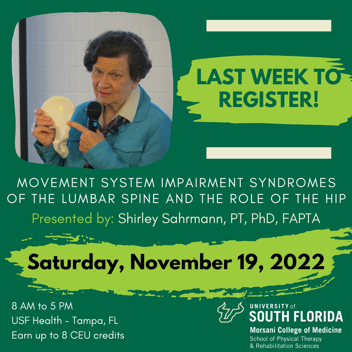 USF_SPT_RS's tweet image. We have a few more spots to attend this event, and registration closes the end of this week! Make sure you reserve your spot to learn from Dr. Sahrmann and earn some CEUs!
To register visit: bit.ly/usfsahrmann