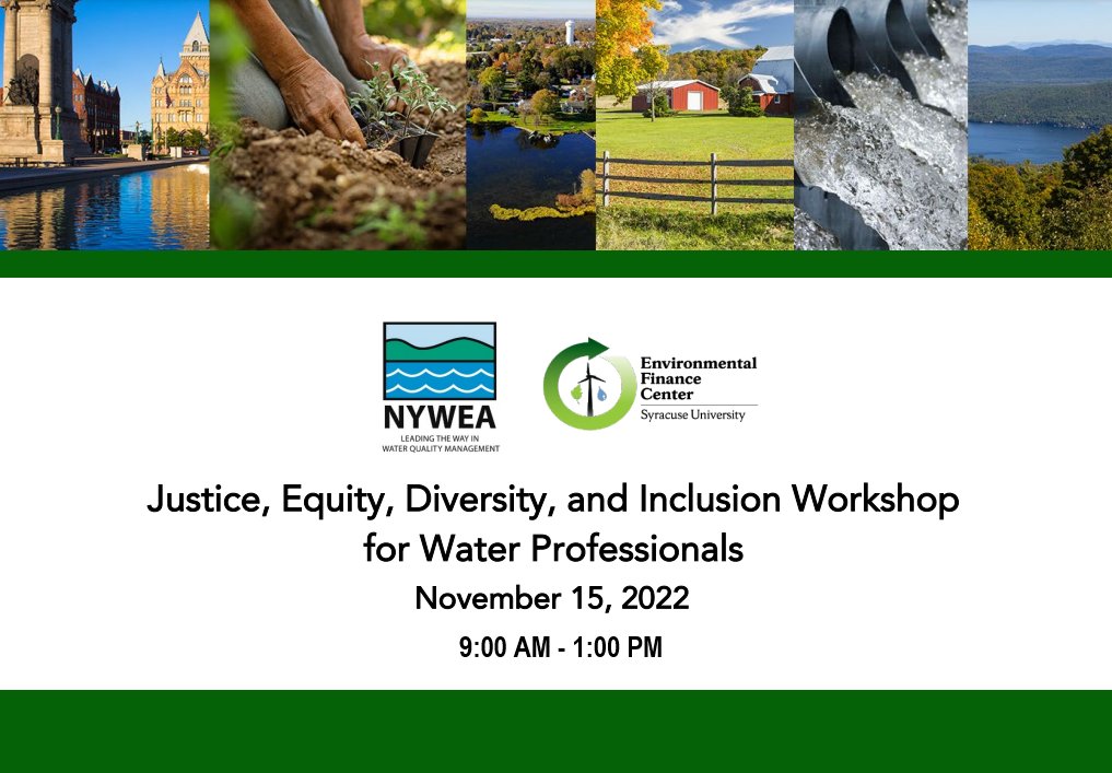 Join #NYWEA & @SyracuseEFC 11/15/22 at the Syracuse Ctr of Excellence for a JEDI (#Justice, #Equity, #Diversity, & #Inclusion) Workshop for #WaterProfessionals!
 
Learn more & register: efcnetwork.org/event/ny-train…

#DEI #NYWEAJEDI #WaterWorkforce #InclusiveWorkplaces #Neurodiversity