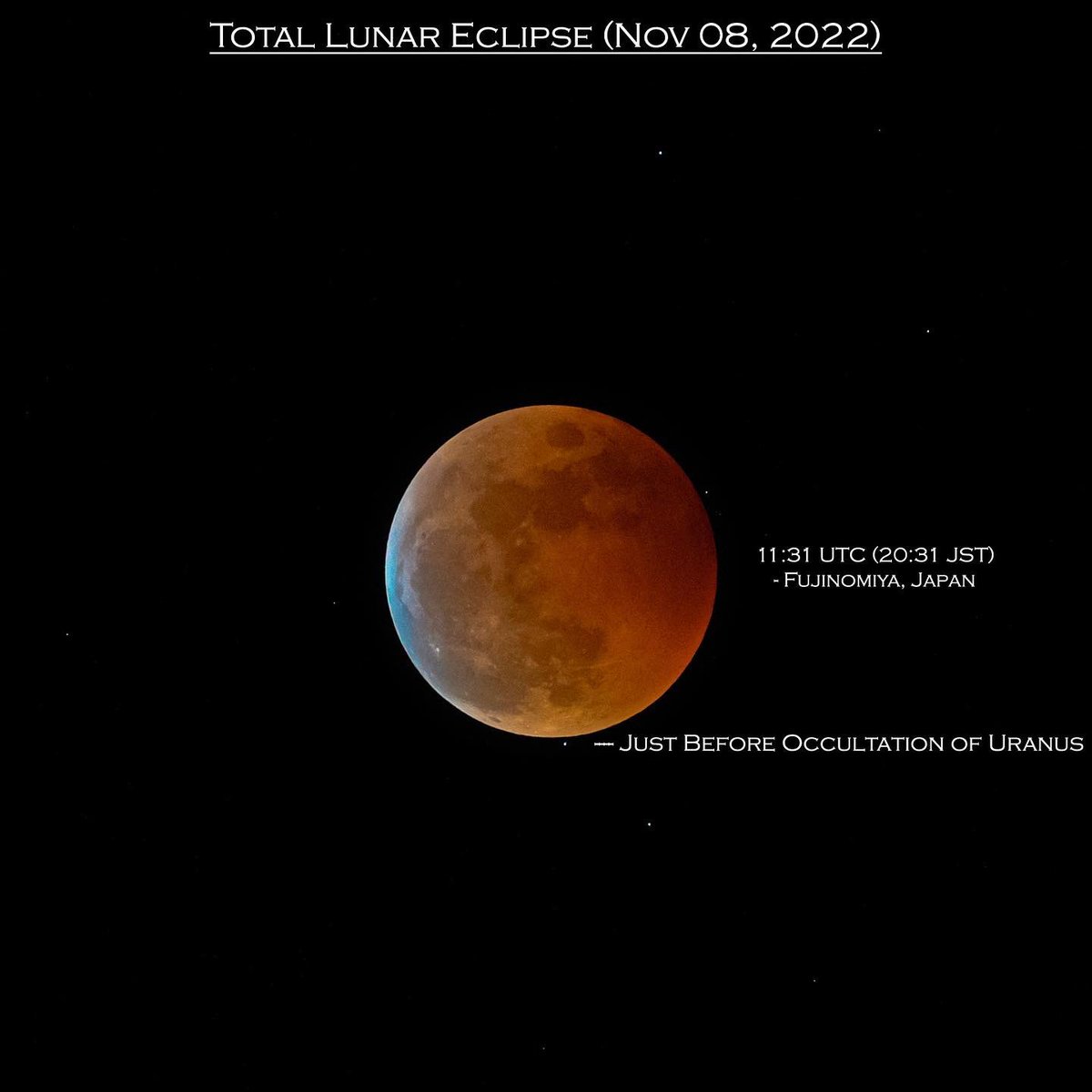 pixelbrew_'s tweet image. Total Lunar Eclipse in conjunction with the Lunar Occultation of Uranus

The planet Uranus in the image is a few mins away from being completely occulted by the Eclipsed Moon as seen from Japan.

#PhotoOfTheDay 
#lunareclipse2022 
#apod 

EXIF:
- 1/20s, F5.6, 500mm, ISO 12800