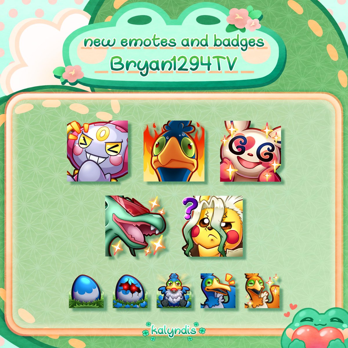 kalyndis's tweet photo. 💚 New emotes and badges for @/Bryan1294TV!! 💚✨

#twitch #emoteartist #badges #pokémon #unite #hoopa #cramorant #spinda #rayquaza #pikachu #drstone #digitalart #art #commission https://t.co/dN5ePB7C3x