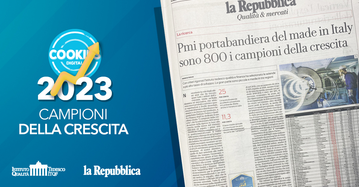 CookiesDigital1's tweet photo. Cookies Digital è Campione della Crescita 2023 🏆

Per il terzo anno consecutivo siamo tra le 800 aziende in Italia con il tasso di sviluppo più alto, secondo l’indagine dell’Istituto Tedesco Qualità e Finanza &amp; La Repubblica.

#cookiesdigital #repubblica #campionidellacrescita https://t.co/EXTsz1ufE8