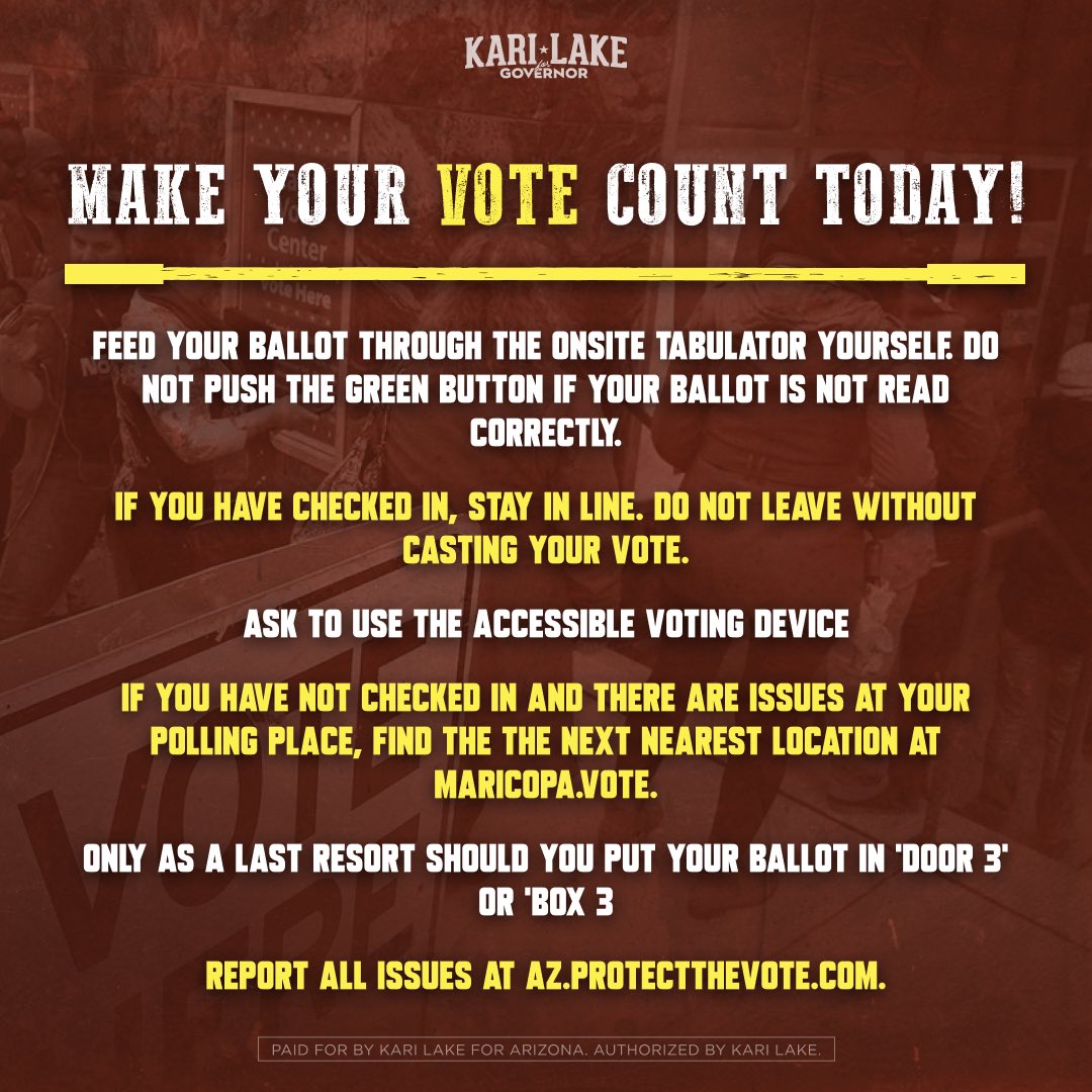 KariLake's tweet photo. Arizona,

There's nothing more important than your vote today.

Follow these directions. 

Cast your vote.

Report any issues to https://t.co/ootIe8kKCy.

If you vote. We win. https://t.co/tftBuWhKNE