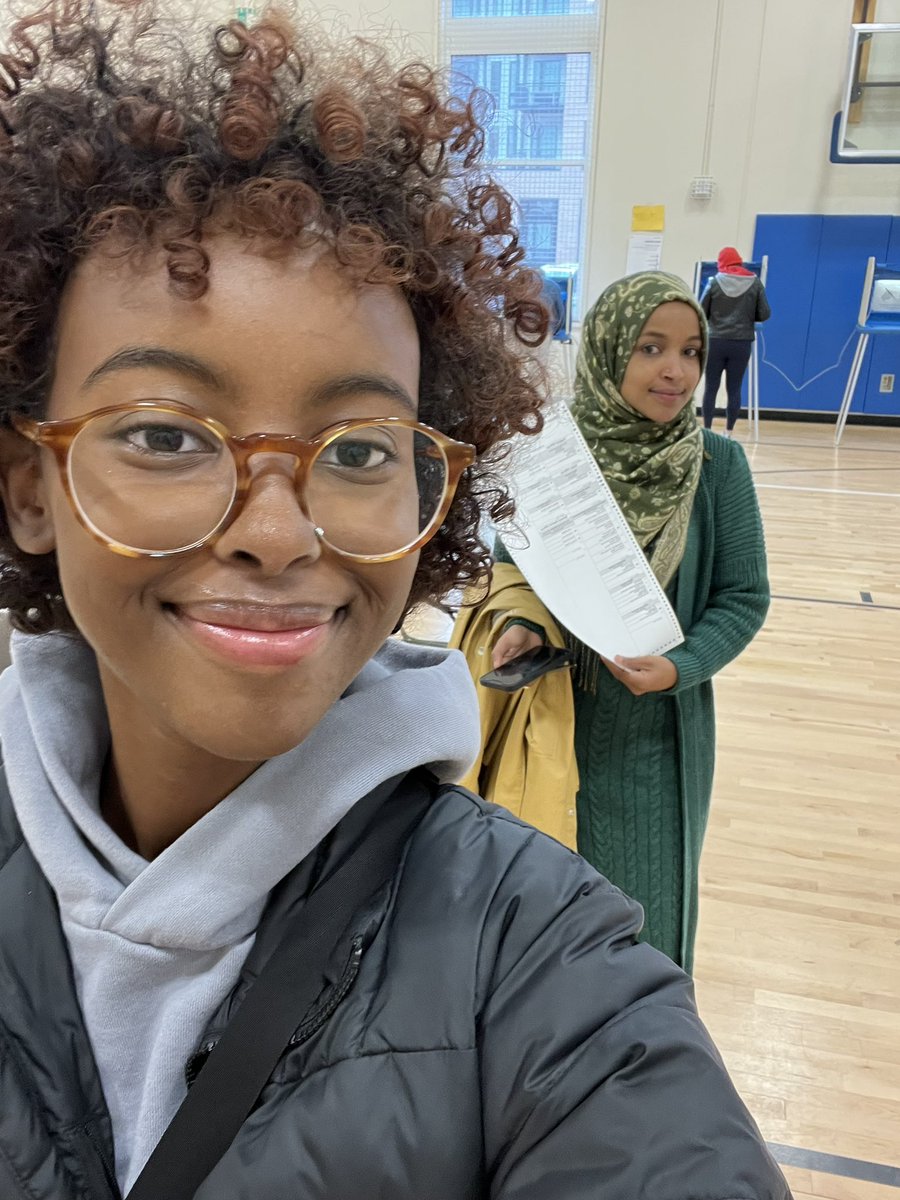 IlhanMN's tweet photo. We voted! @israhirsi got to cast her first ballot in a general election for mom and @MinnesotaDFL candidates. https://t.co/1suBXQCd5F