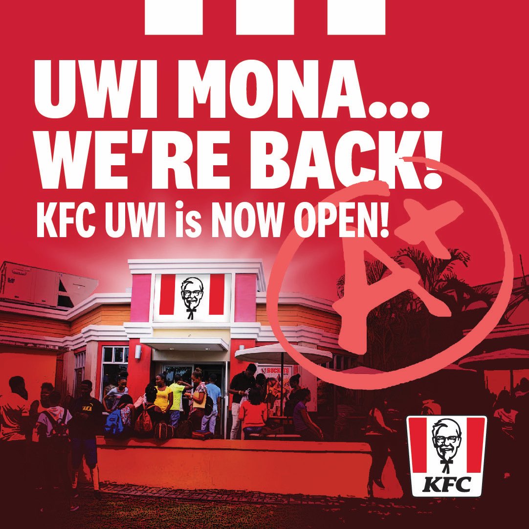 kfcjamaica's tweet photo. UWI MONA CREW.....WE'RE BACK!!!! 👐👐🍗🍗🍗
KFC UWI is NOW OPEN!!! We missed you guys! 😀😀
And by the way...stay tuned for an EXTRA special treat later this week! 🤫😉
#KFC #KFCUWI #UWI #UWIMona #BackOpen #NowOpen #UWICampus #OpenAndFrying https://t.co/j6oDyfeuaK