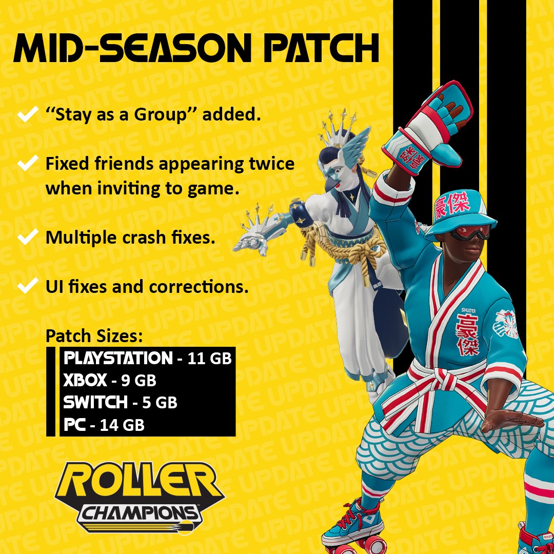 GET READY CHAMPS! Stay as a Group is rolling out in today's update 😎

Today, November 8, servers will be down starting at 11 AM EST / 4 PM BST.

⌛Downtime: ~80min
🎮 Platforms: PC, PS, Xbox, Switch

This will deploy our mid-season patch, which includes UI &amp; crash fixes!