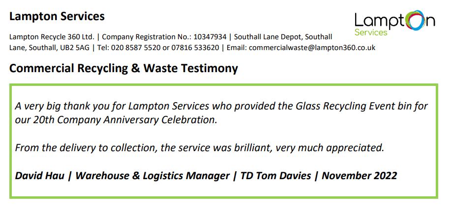 🤝CUSTOMER TESTIMONY🤝

'Thank You' <a href="/TDTomDaviesTeam/">TD Tom Davies Team</a> 🙏

Glad we could help with your 'Anniversary Celebrations' 🍾
 
Contact us today and receive a QUOTE📝 that suits your businesses requirements 👍

📱07816 068058
📧commercialwaste@lampton360.co.uk