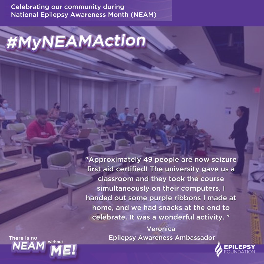 EpilepsyFdn's tweet photo. Epilepsy Awareness Ambassador, Veronica M., hosted a #SeizureFirstAid training event at her college. Thank you, Veronica, for sharing your #NEAMAction and helping 49 people get trained and ready to assist someone having a seizure! What will your NEAM action be? #MyNEAMAction https://t.co/nde1UGp1EH