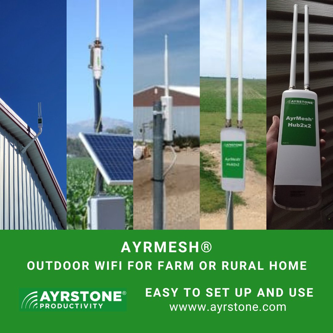 Ayrstone's tweet image. AyrMesh® products for wireless networking from @Ayrstone give farmers, ranchers and rural property owners the ability to have WiFi outside their houses, into their barns/outbuildings, and across their fields 

👉 Easy to set up and use

ayrstone.com