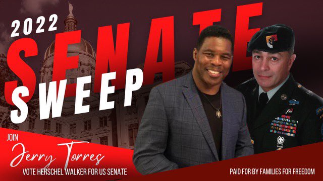 SaraCarterDC's tweet photo. Glad to see my good friend Green Beret @JerryW_Torres supporting Hershel Walker because we shouldn’t tolerate another socialist, anti-Israeli politician in the House or Senate. 

More than 42 million Americans have  headed to the polls so far - we all know what’s at stake. VOTE ! https://t.co/KzpfkADg1G
