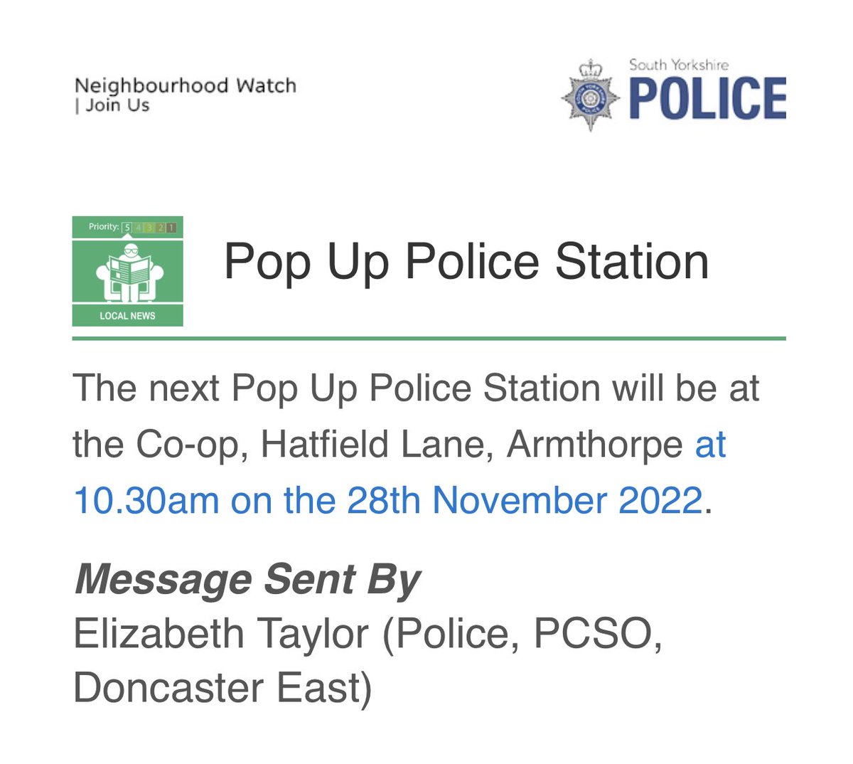 The next pop up Police Station in Armthorpe is set for 28th November 2022.
#armthorpeisagreatvillage @syptweet @EastFamilyHubs @eastareateam @staceystleger