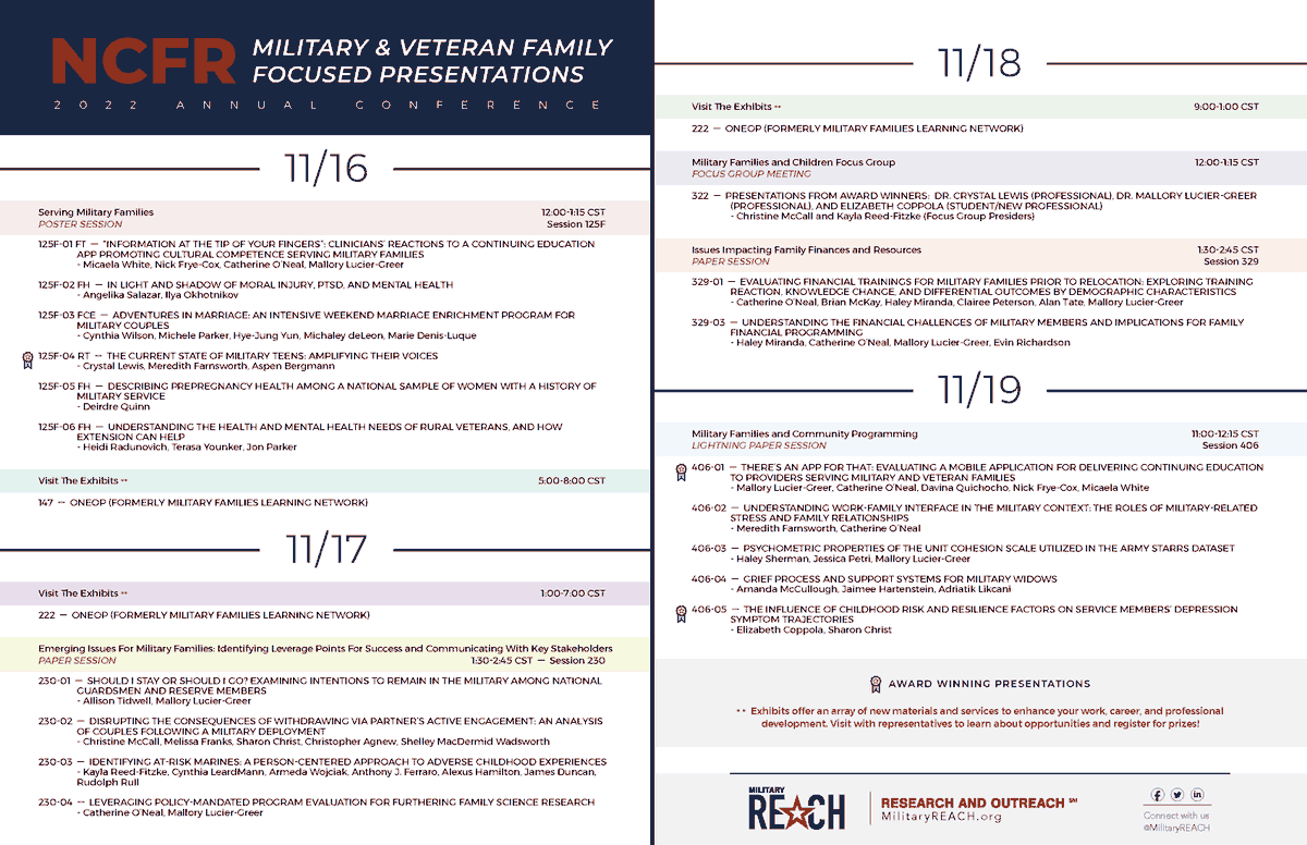 The 2022 <a href="/ncfr/">NCFR</a> Annual Conference is taking place next week. Check out the presentations below focused on #Veteran and #Military families.
