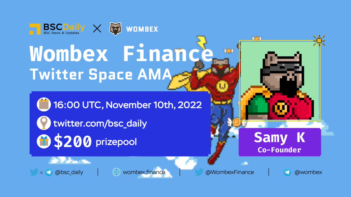 We're excited to announce that we'll be hosting an AMA with <a href="/WombexFinance/">Wombex</a>

❓ AMA type: Twitter Space

🗓️ Date: November 10th at 4PM UTC

📍 Venue: x.com/i/spaces/1nAJE…

💰 Prize Pool: $200

👉 How to win prizes?
1️⃣ Join Wombex Finance's socials
2️⃣ Ask questions in the space!