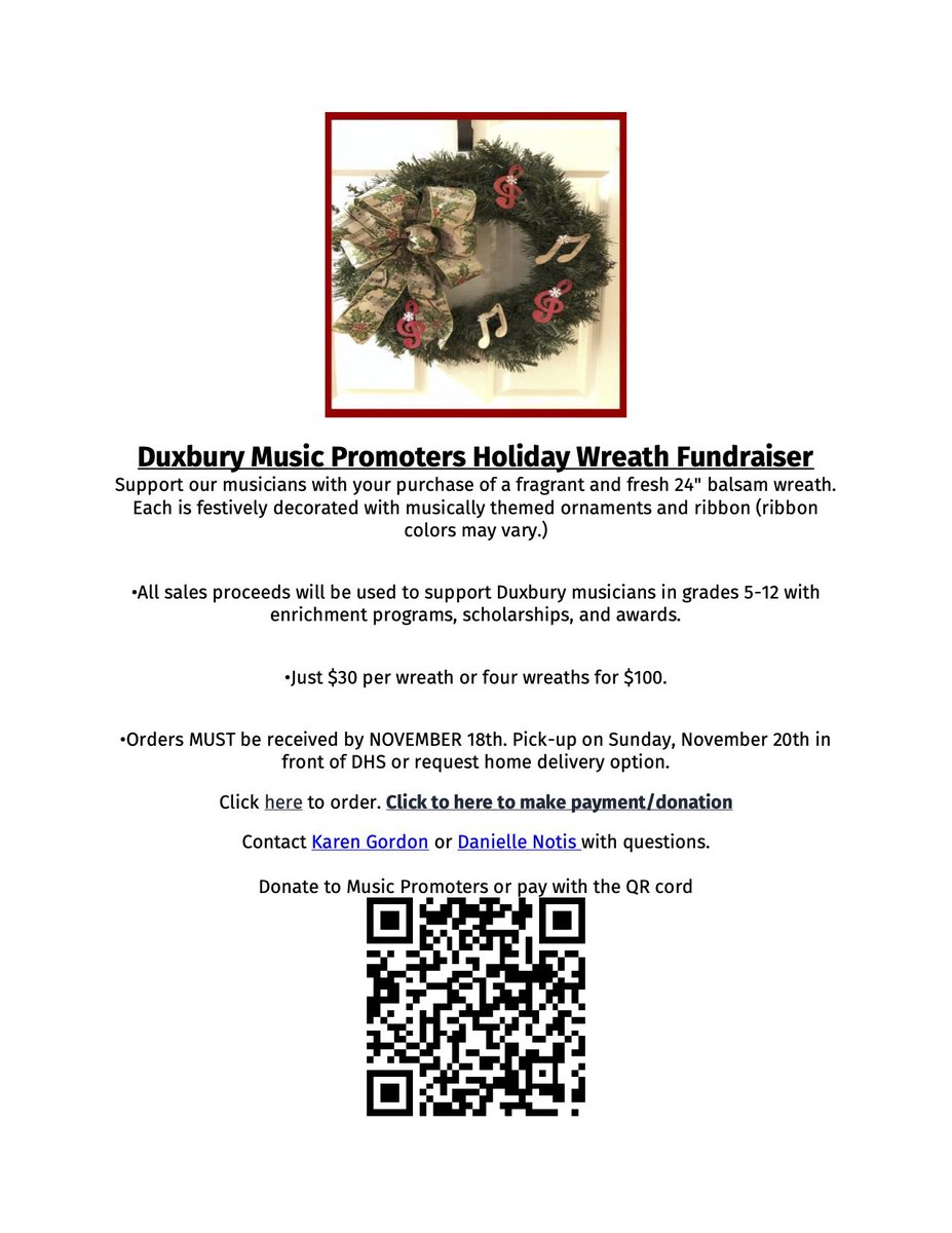 Support Duxbury Music Promoters and purchase a holiday wreath!