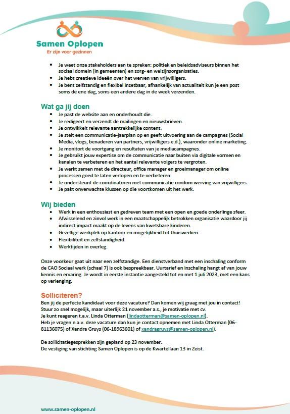 Wil jij met jouw #marketing skills helpen om meer gezinnen, kinderen en jongeren een goed leven te geven door het werk van onze stichting <a href="/SamenOplopen/">St.Samen Oplopen</a> voor het voetlicht te brengen? Reageer dan op deze vacature. Delen: graag!