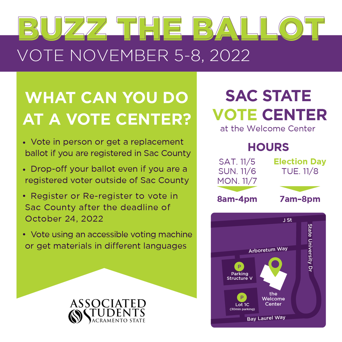 SacStateASI's tweet photo. TODAY IS THE DAY! IT IS TIME TO VOTE, SACRAMENTO! 

@SacState has a vote center located right on our campus! 

The Sac State Vote Center is located at the Welcome Center and will be open 11/5-11/8 for folks to vote! 

SHARE THIS POST TO SPREAD THE WORD! https://t.co/ZS1XOHfx3u