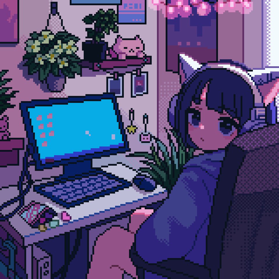 1girl solo sitting headphones plant animal ears indoors  illustration images