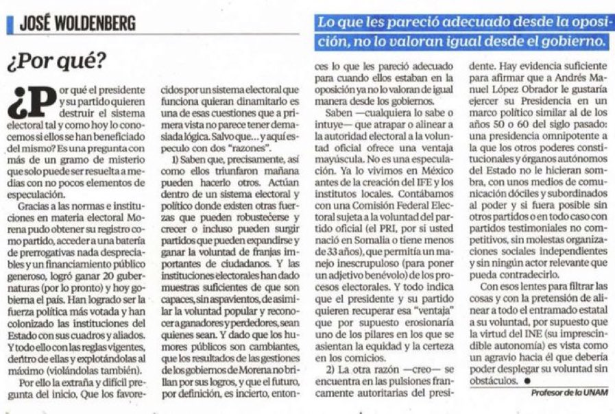 Imperdibles reflexiones de José Woldenberg, respondiendo una pregunta fundamental:

¿Por qué <a href="/lopezobrador_/">Andrés Manuel</a> y Morena quieren desbaratar el sistema electoral en el que han tenido tantas victorias?

Da dos razones bien argumentadas. Léanlas👇

¿Por qué?

vía <a href="/El_Universal_Mx/">El Universal</a>