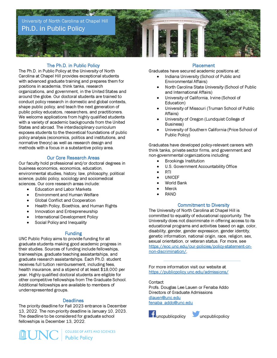Please help us spread the word about UNC Chapel Hill's PHD program in public policy! We are looking for students with a passion for public policy research in many different areas. Priority deadline is December 13. Please share widely. Thank you!