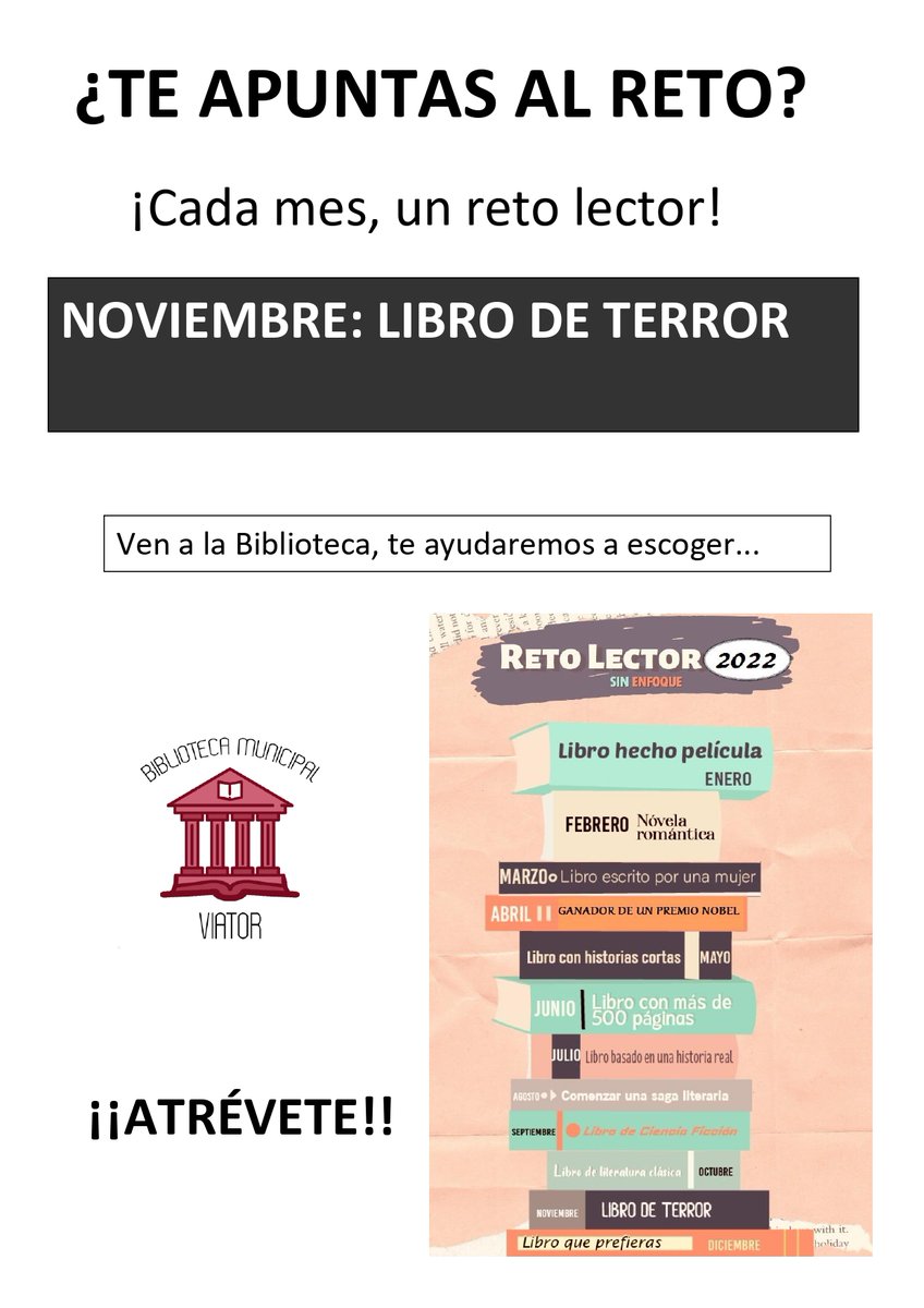 ‼️‼️ Nuevo mes, nuevo reto lector

🧟‍♀️🧟‍♂️😱😱 Empezamos noviembre, con nuestro #RetoLectorViatorLibroDeTerror:

📗📘 ¿Y tú? ¿Te apuntas al reto de este mes?

#culturaviator
#ayuntamientodeviator 
<a href="/ManuelJAlcalde/">Manuel Jesús</a>
@culturaviator
@viatoraldia