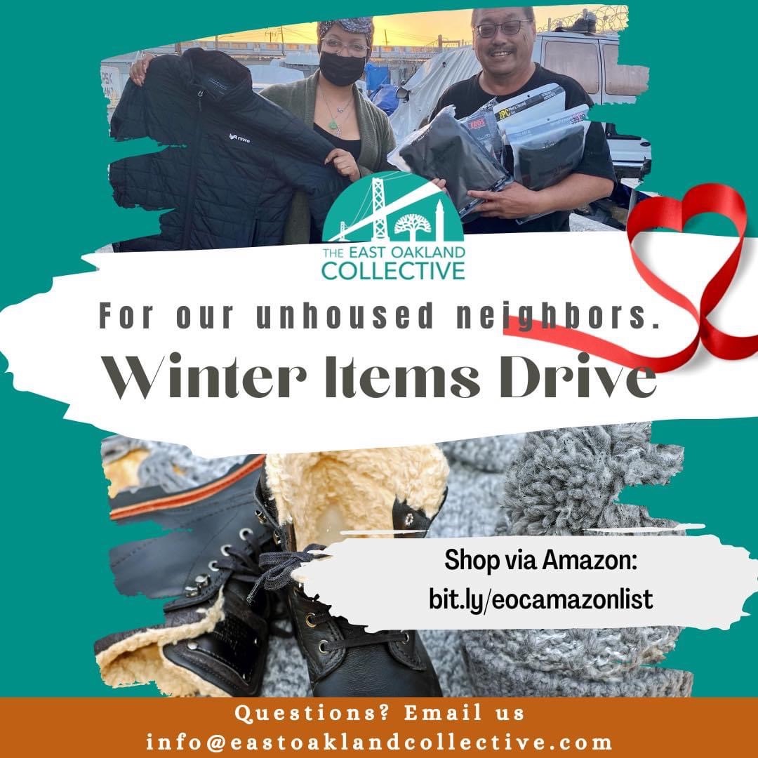 EOakCollective's tweet photo. We are kicking off our annual winter items drive for our unhoused neighbors. This is the hardest season for those living curbside, so let’s bring some immediate warmth and protection against rain. We are collecting new or gently used items.

➡️ Shop at https://t.co/04tOSvSkCU https://t.co/SBZG6up1Il