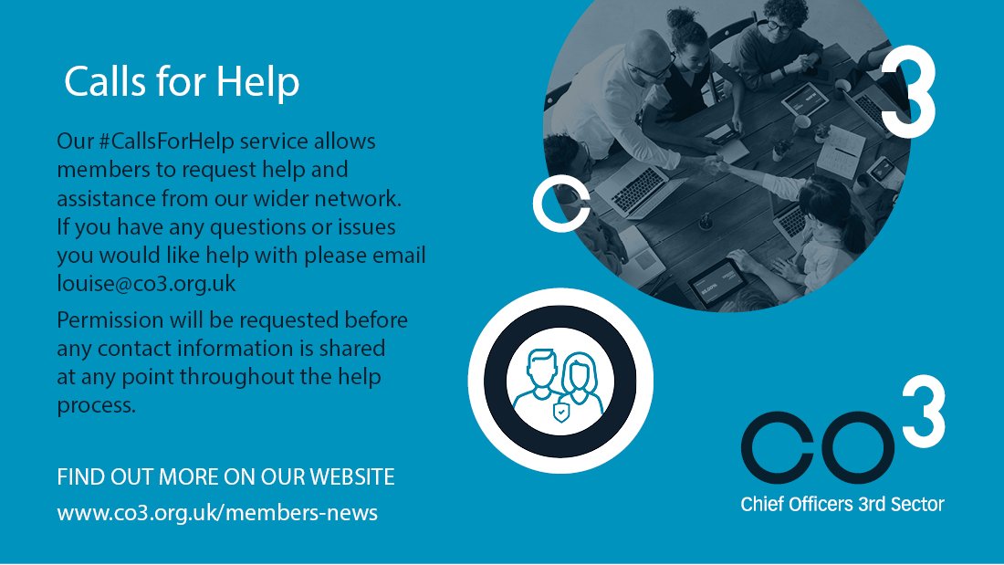 Are you a #CO3 Member that could benefit from the support of the CO3 Network?

One of our #MemberServices includes #CallsForHelp.

If you have a question or issue you need help with please get in touch and we will put it to our network.

co3.org.uk/members-news