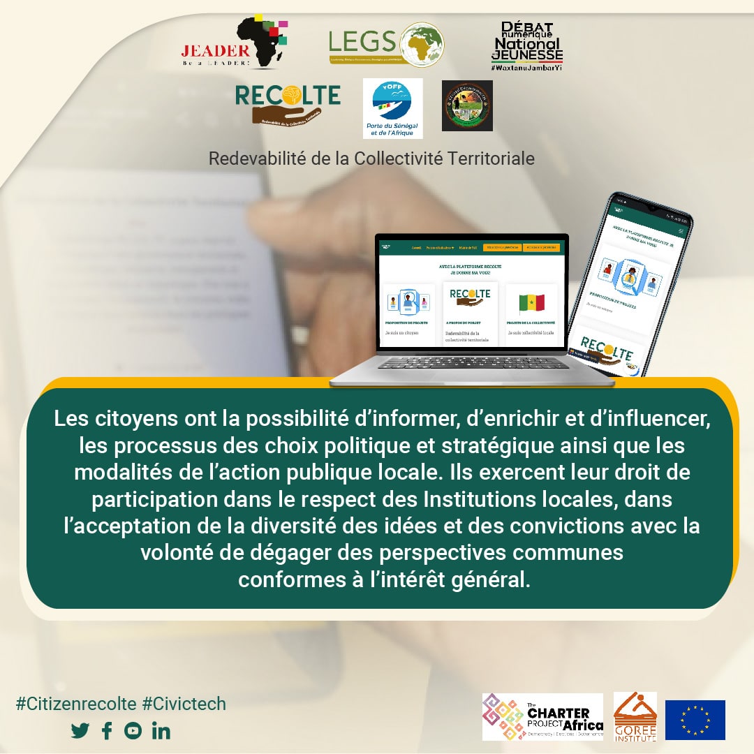 #Citizenrecolte #civictech 💻

Le principe de la participation des citoyens à la gestion de leurs collectivités territoriales est consacrée par la constitution du Sénégal. Elle est incontournable pour le développement local.

#Redevabiliteactive #Transparence #gouvernancelocale