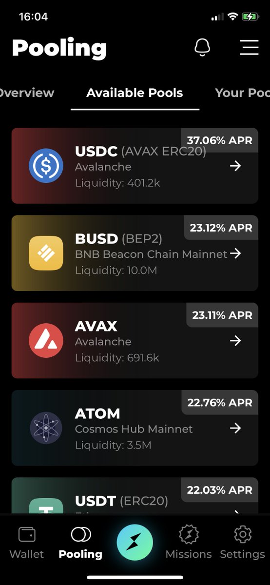 Thorwallet's tweet photo. There are some juicy APRs in the Pooling section!🔥
✅USDC (AVAX) - 37%
✅BUSD - 23%
✅AVAX - 23%
✅ATOM - 22%
💰How cool is that?
Try it here👇
📱 https://t.co/HFbXwZdSNW
🖥 https://t.co/HKX64PXu3m
$TGT $RUNE #RealYield #THORWalletArmy https://t.co/9BErqZtKJe